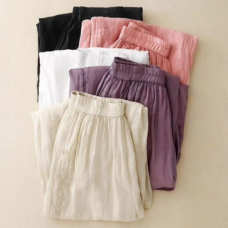 Pantaloni larghi da donna in cotone con tasche, lunghezza 7-8, con ricamo laterale Buddha Stones - image 19
