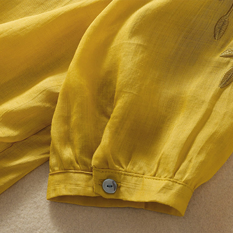 Maglietta da donna in cotone e lino con maniche a mezza manica, motivo Buddha Stones ricamate - image 8