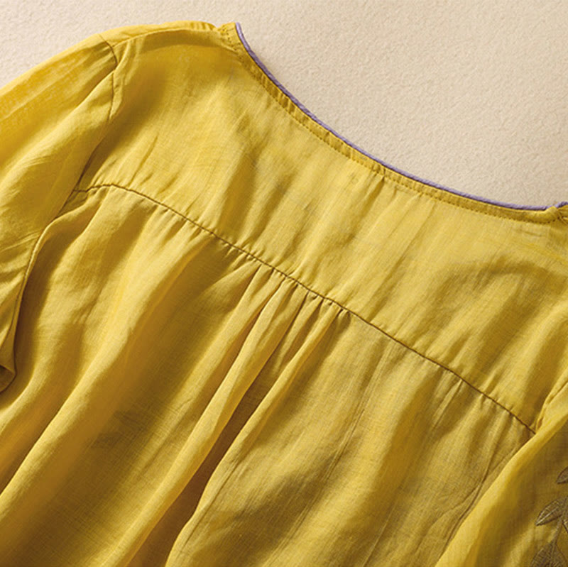 Maglietta da donna in cotone e lino con maniche a mezza manica, motivo Buddha Stones ricamate - image 5