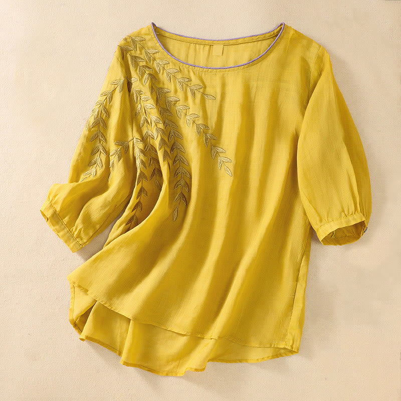 Maglietta da donna in cotone e lino con maniche a mezza manica, motivo Buddha Stones ricamate - Oro - US8-10, UK/AU12-14, EU40-42 (2XL) - image 0