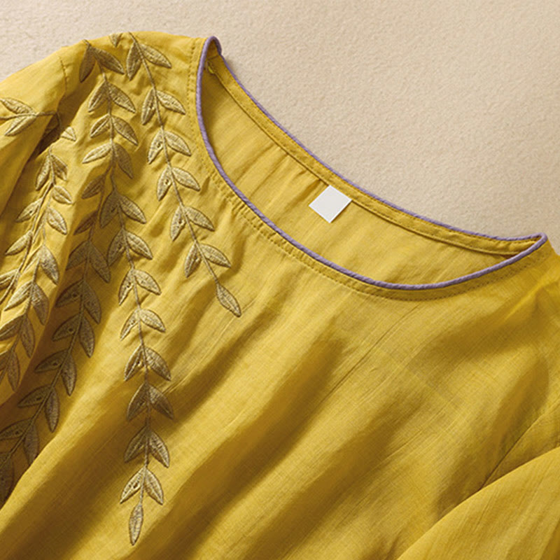 Maglietta da donna in cotone e lino con maniche a mezza manica, motivo Buddha Stones ricamate - image 4