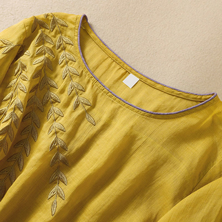 Maglietta da donna in cotone e lino con maniche a mezza manica, motivo Buddha Stones ricamate - image 4