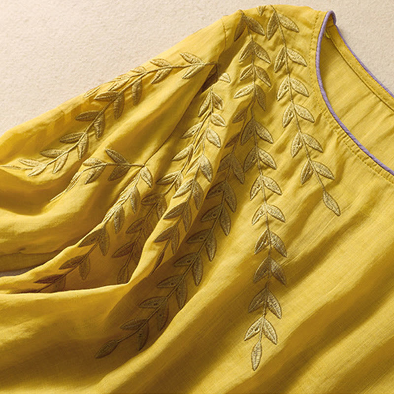 Maglietta da donna in cotone e lino con maniche a mezza manica, motivo Buddha Stones ricamate - image 2