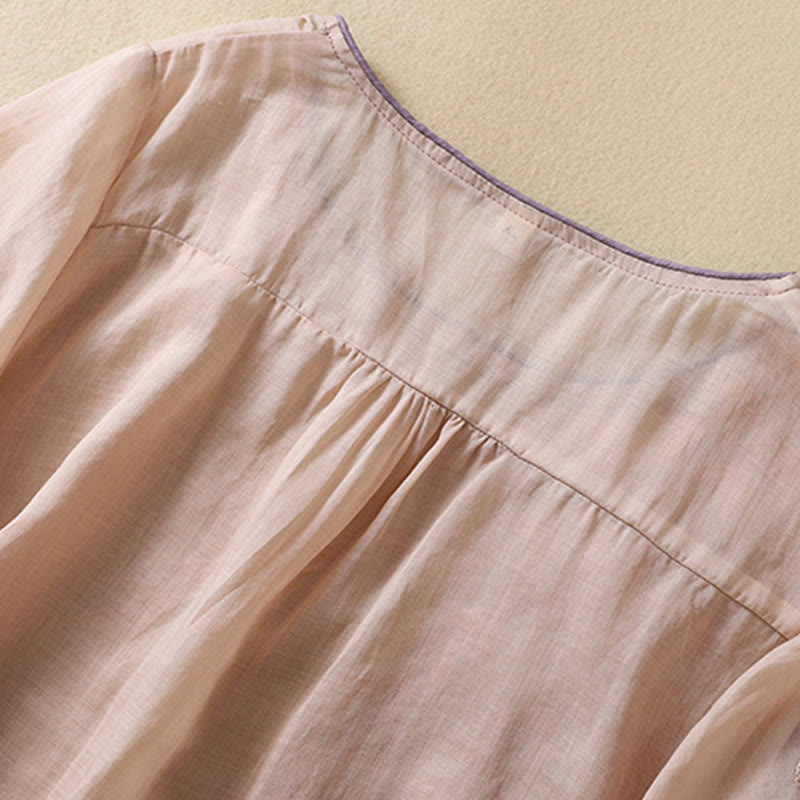 Maglietta da donna in cotone e lino con maniche a mezza manica, motivo Buddha Stones ricamate - image 14