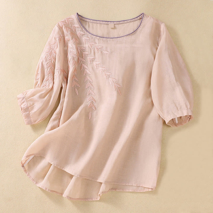 Maglietta da donna in cotone e lino con maniche a mezza manica, motivo Buddha Stones ricamate - MistyRose - US8-10, UK/AU12-14, EU40-42 (2XL) - image 11