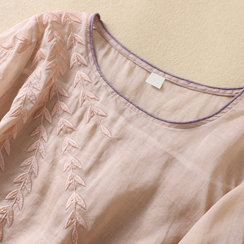 Maglietta da donna in cotone e lino con maniche a mezza manica, motivo Buddha Stones ricamate - image 17