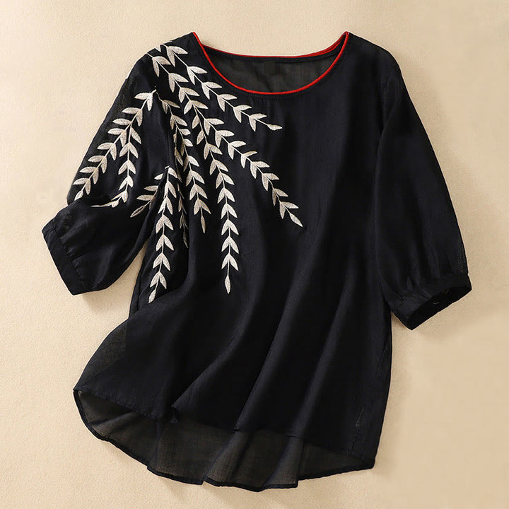 Maglietta da donna in cotone e lino con maniche a mezza manica, motivo Buddha Stones ricamate - Nero - US8-10, UK/AU12-14, EU40-42 (2XL) - image 22