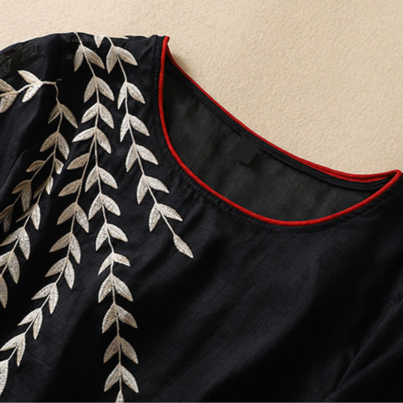 Maglietta da donna in cotone e lino con maniche a mezza manica, motivo Buddha Stones ricamate - image 24