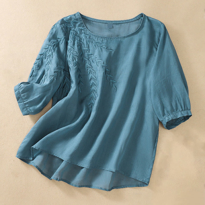 Maglietta da donna in cotone e lino con maniche a mezza manica, motivo Buddha Stones ricamate - SteelBlue - US8-10, UK/AU12-14, EU40-42 (2XL) - image 30