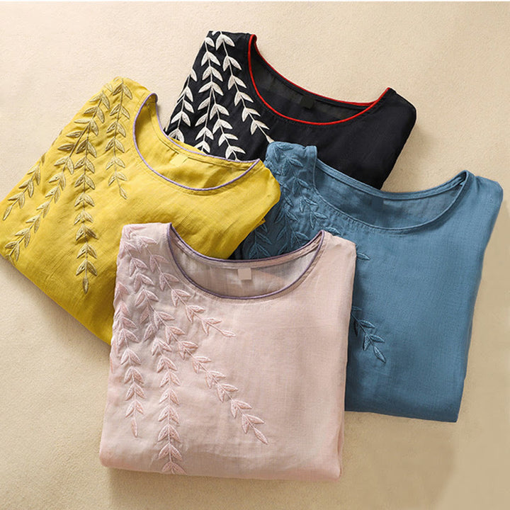 Maglietta da donna in cotone e lino con maniche a mezza manica, motivo Buddha Stones ricamate - image 37