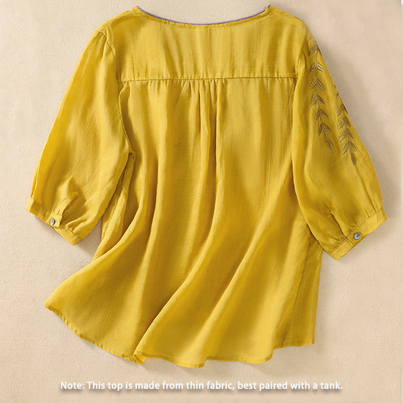 Maglietta da donna in cotone e lino con maniche a mezza manica, motivo Buddha Stones ricamate - image 1