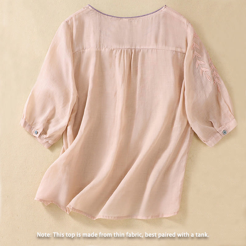 Maglietta da donna in cotone e lino con maniche a mezza manica, motivo Buddha Stones ricamate - image 12