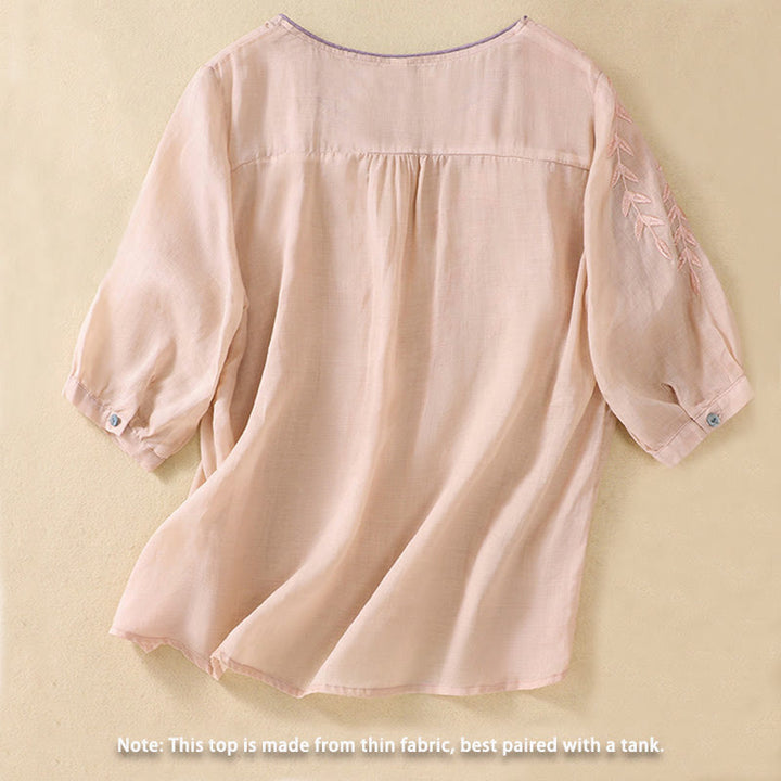 Maglietta da donna in cotone e lino con maniche a mezza manica, motivo Buddha Stones ricamate - image 12