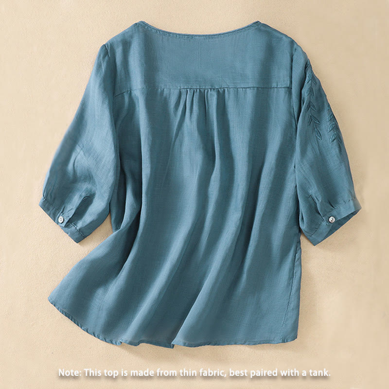 Maglietta da donna in cotone e lino con maniche a mezza manica, motivo Buddha Stones ricamate - image 31