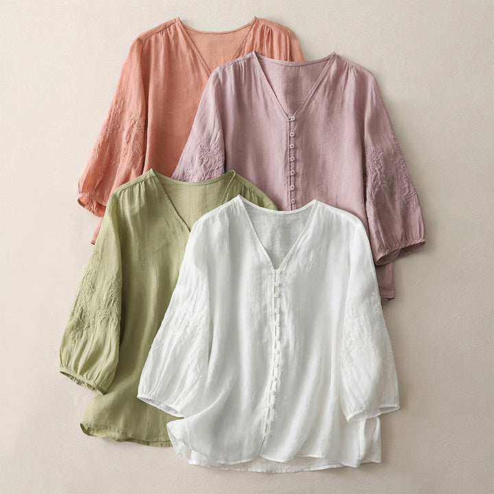 Buddha Stones Camicia da donna in cotone e lino con bottoni ricamati - image 28