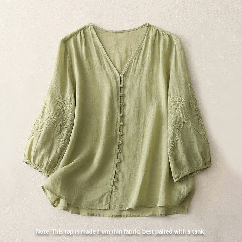 Buddha Stones Camicia da donna in cotone e lino con bottoni ricamati - image 1