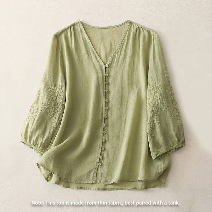 Buddha Stones Camicia da donna in cotone e lino con bottoni ricamati - image 1