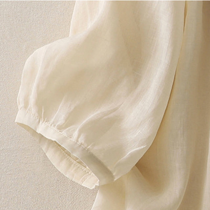 Buddha Stones Camicia monopetto in cotone e lino da donna con fiori ricamati - image 3