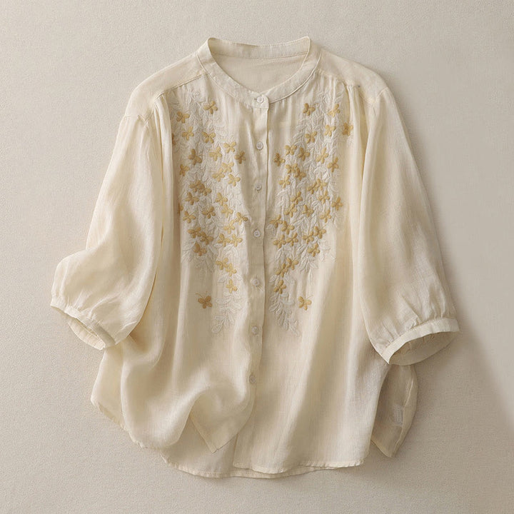 Buddha Stones Camicia monopetto in cotone e lino da donna con fiori ricamati - OldLace - US14, UK/AU18, EU46 (2XL) - image 0