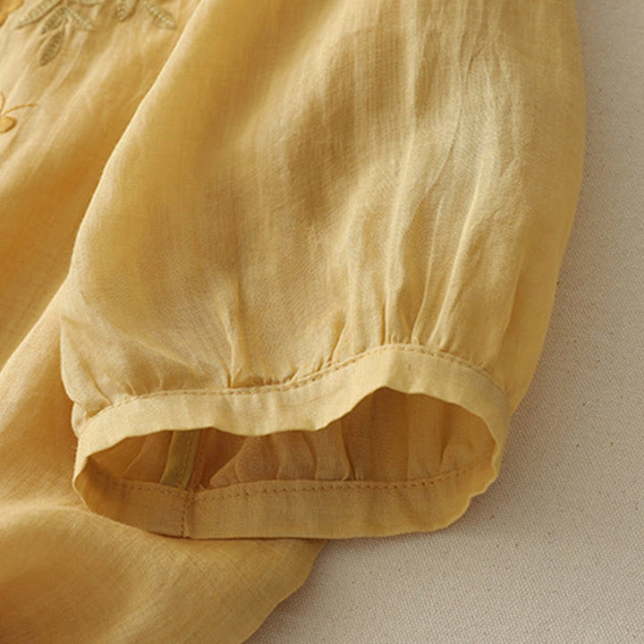 Buddha Stones Camicia monopetto in cotone e lino da donna con fiori ricamati - image 9