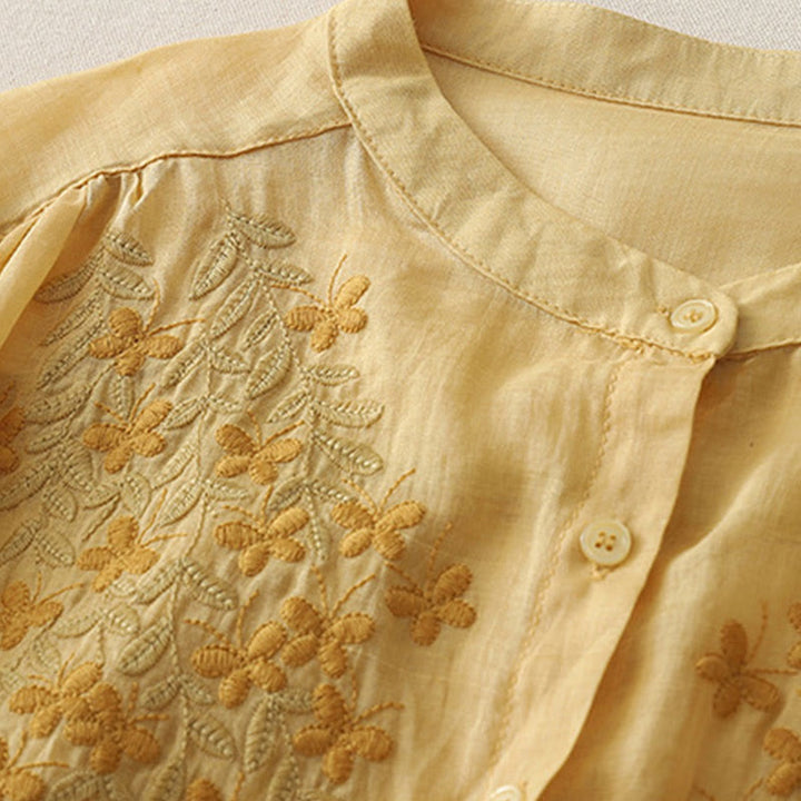 Buddha Stones Camicia monopetto in cotone e lino da donna con fiori ricamati - image 11