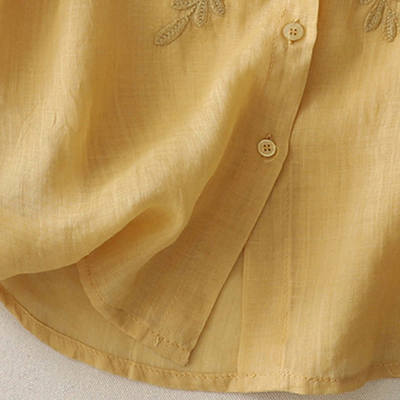 Buddha Stones Camicia monopetto in cotone e lino da donna con fiori ricamati - image 10