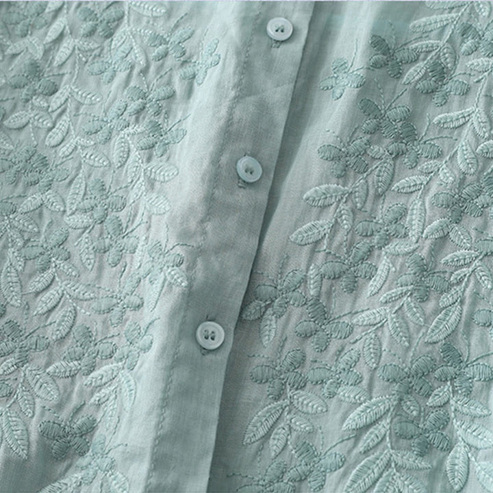 Buddha Stones Camicia monopetto in cotone e lino da donna con fiori ricamati - image 24