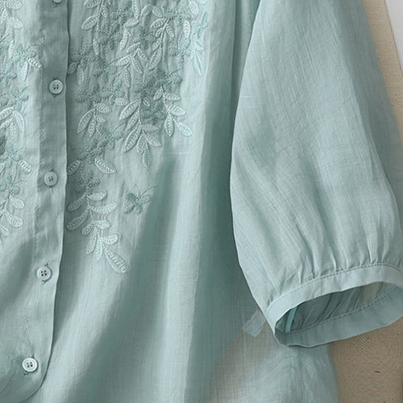 Buddha Stones Camicia monopetto in cotone e lino da donna con fiori ricamati - image 23