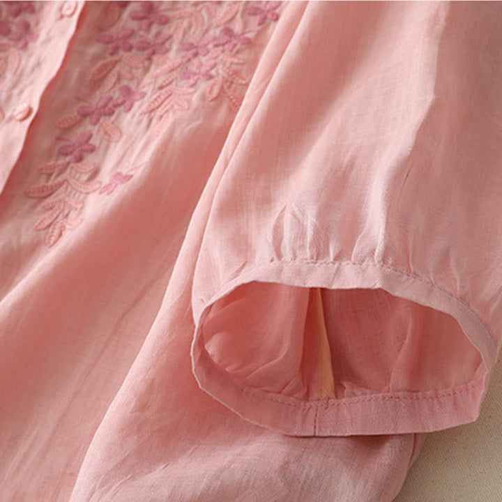 Buddha Stones Camicia monopetto in cotone e lino da donna con fiori ricamati - image 29