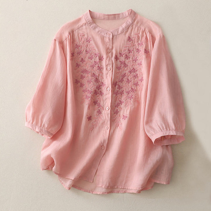 Buddha Stones Camicia monopetto in cotone e lino da donna con fiori ricamati - Rosa - US14, UK/AU18, EU46 (2XL) - image 26