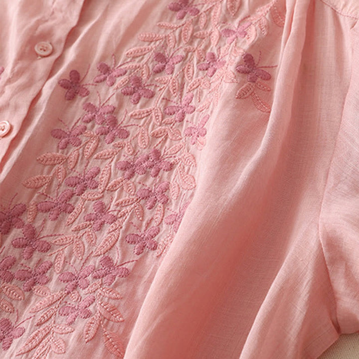 Buddha Stones Camicia monopetto in cotone e lino da donna con fiori ricamati - image 35