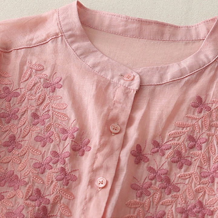 Buddha Stones Camicia monopetto in cotone e lino da donna con fiori ricamati - image 33