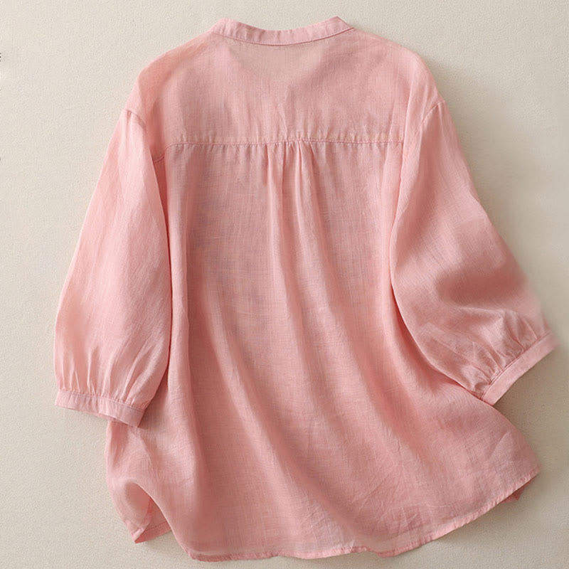 Buddha Stones Camicia monopetto in cotone e lino da donna con fiori ricamati - image 28