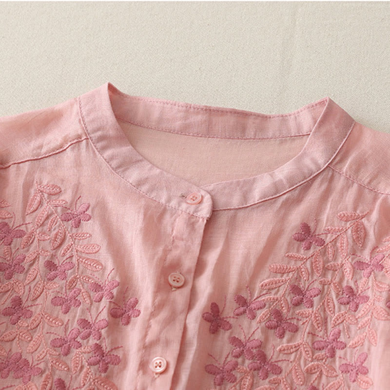 Buddha Stones Camicia monopetto in cotone e lino da donna con fiori ricamati - image 37