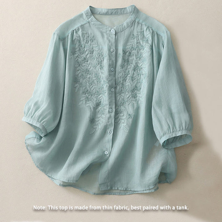 Buddha Stones Camicia monopetto in cotone e lino da donna con fiori ricamati - image 20