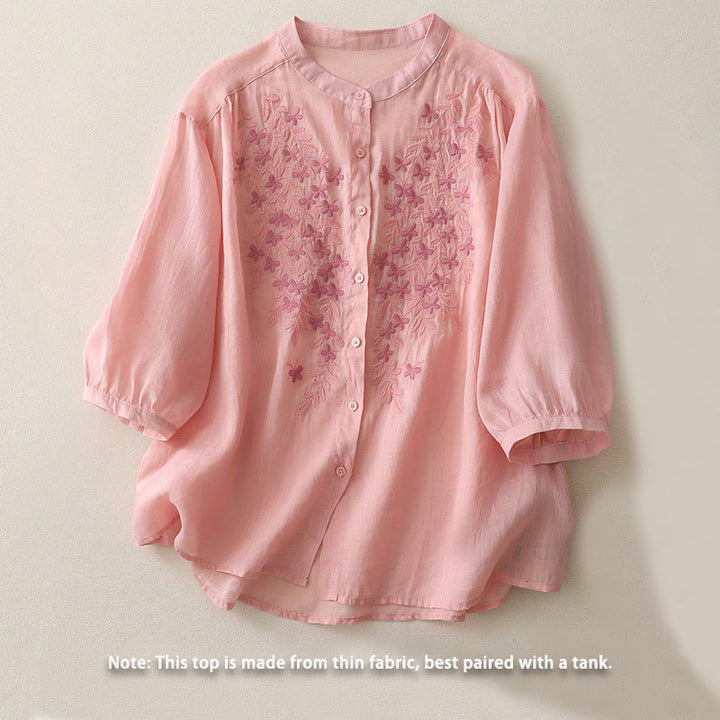 Buddha Stones Camicia monopetto in cotone e lino da donna con fiori ricamati - image 27