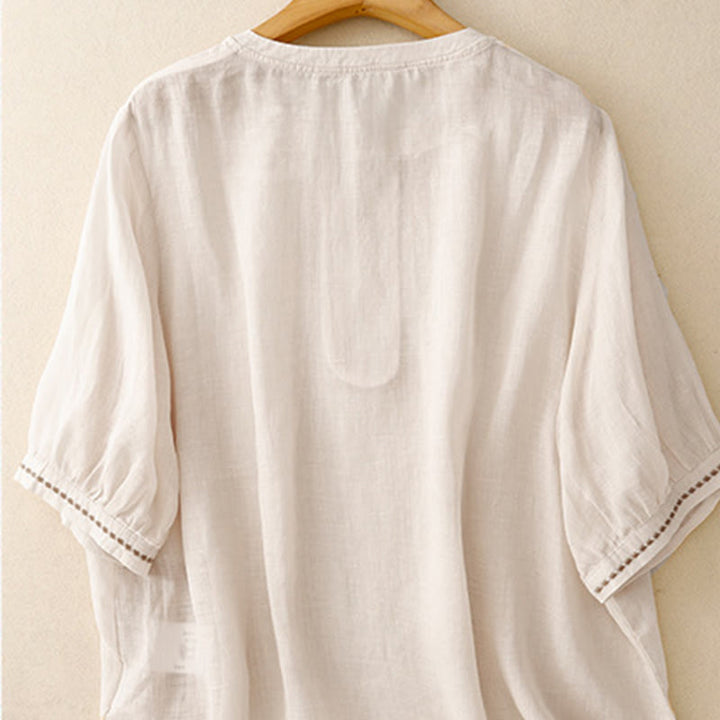 Buddha Stones Maglietta da donna in cotone e lino con scollo rotondo e pieghe a mezza manica - image 3