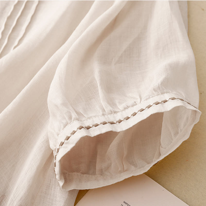 Buddha Stones Maglietta da donna in cotone e lino con scollo rotondo e pieghe a mezza manica - image 7