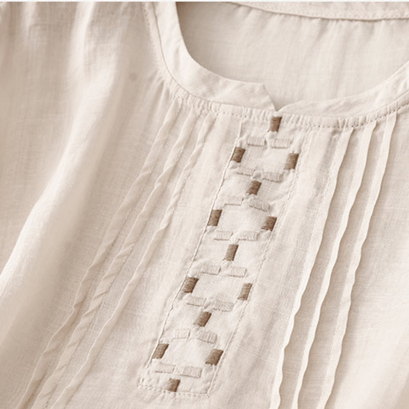 Buddha Stones Maglietta da donna in cotone e lino con scollo rotondo e pieghe a mezza manica - image 9