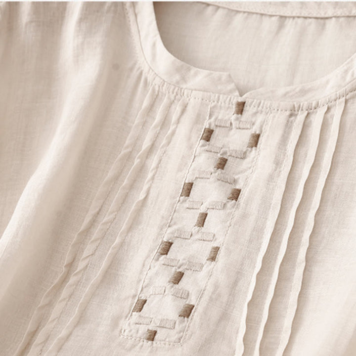 Buddha Stones Maglietta da donna in cotone e lino con scollo rotondo e pieghe a mezza manica - image 9