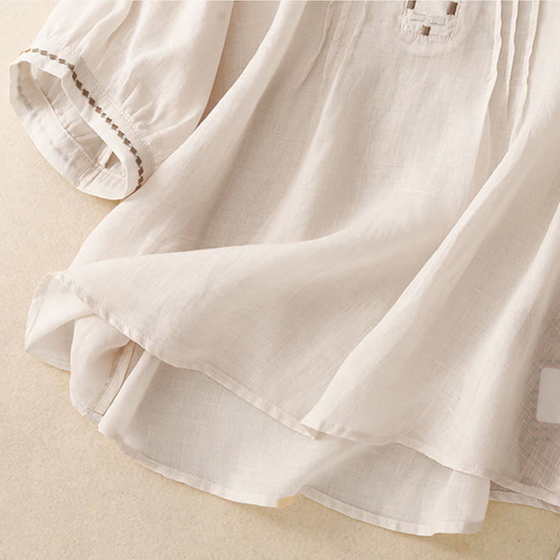 Buddha Stones Maglietta da donna in cotone e lino con scollo rotondo e pieghe a mezza manica - image 10