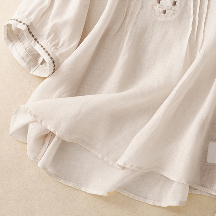 Buddha Stones Maglietta da donna in cotone e lino con scollo rotondo e pieghe a mezza manica - image 10