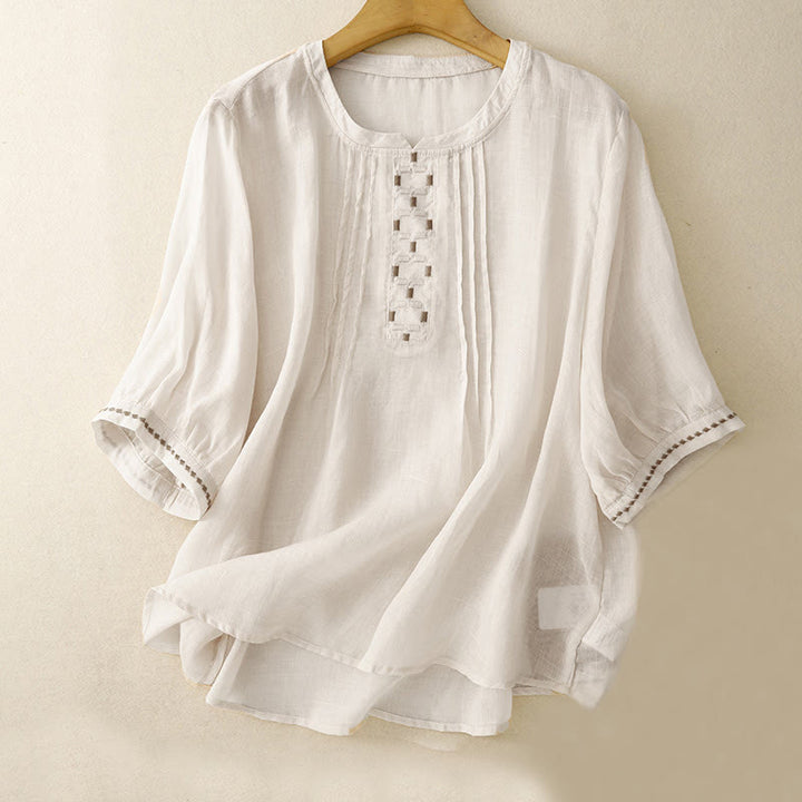 Buddha Stones Maglietta da donna in cotone e lino con scollo rotondo e pieghe a mezza manica - Beige - US14, UK/AU18, EU46 (2XL) - image 0