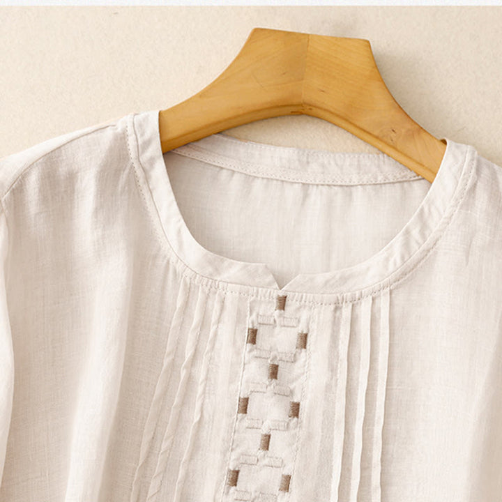 Buddha Stones Maglietta da donna in cotone e lino con scollo rotondo e pieghe a mezza manica - image 2