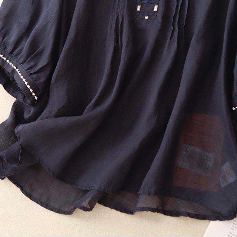 Buddha Stones Maglietta da donna in cotone e lino con scollo rotondo e pieghe a mezza manica - image 15