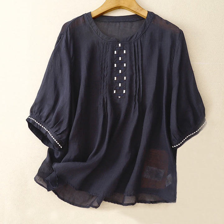 Buddha Stones Maglietta da donna in cotone e lino con scollo rotondo e pieghe a mezza manica - Blu notte - US14, UK/AU18, EU46 (2XL) - image 11