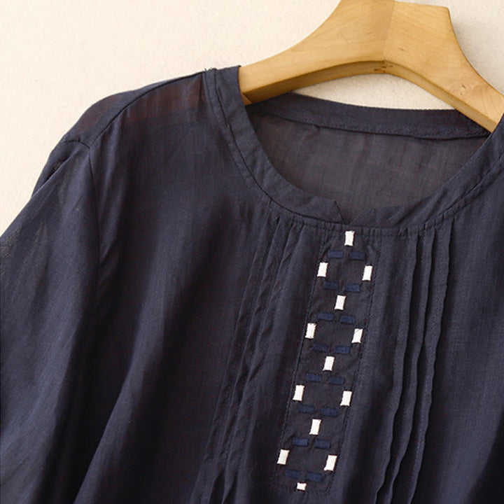 Buddha Stones Maglietta da donna in cotone e lino con scollo rotondo e pieghe a mezza manica - image 16