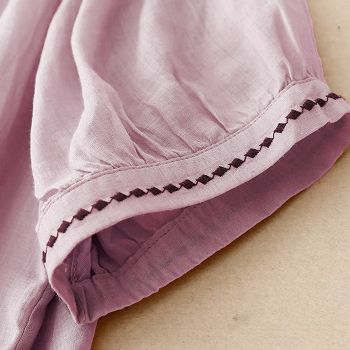 Buddha Stones Maglietta da donna in cotone e lino con scollo rotondo e pieghe a mezza manica - image 22