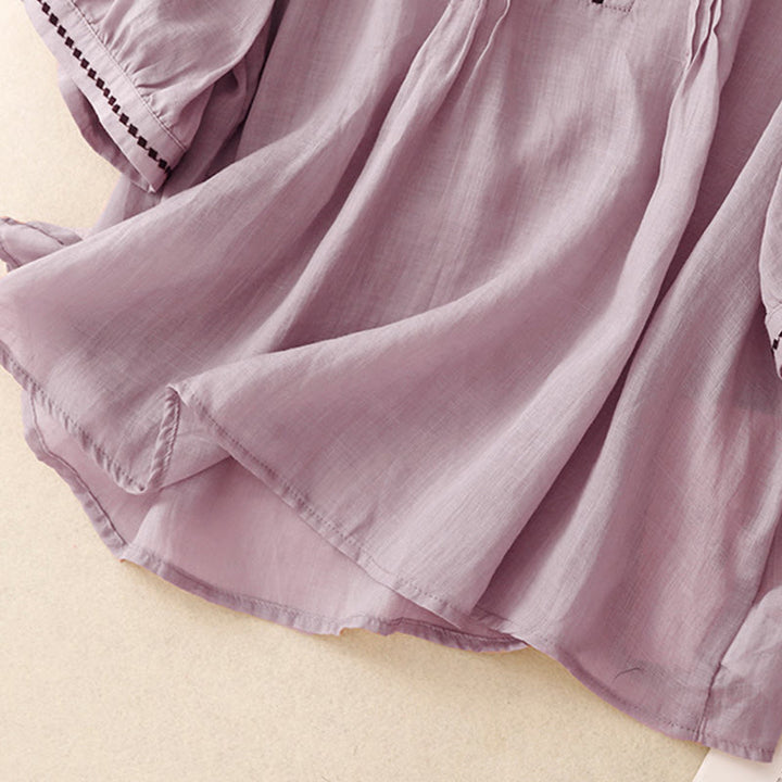 Buddha Stones Maglietta da donna in cotone e lino con scollo rotondo e pieghe a mezza manica - image 23