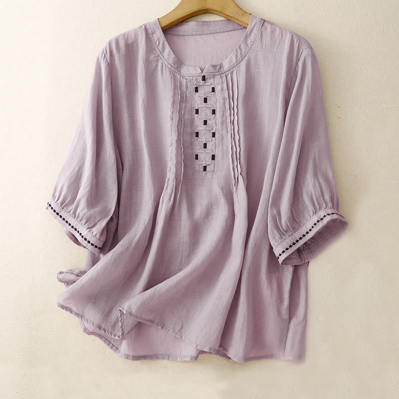 Buddha Stones Maglietta da donna in cotone e lino con scollo rotondo e pieghe a mezza manica - Prugna - US14, UK/AU18, EU46 (2XL) - image 18